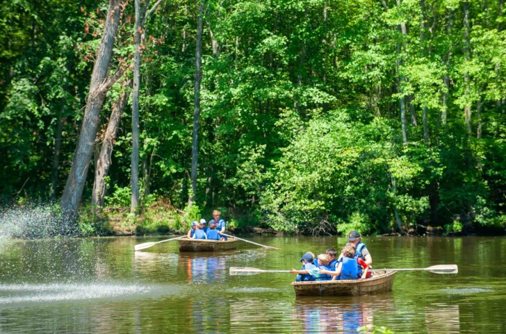 Campers canoeing on a pond.