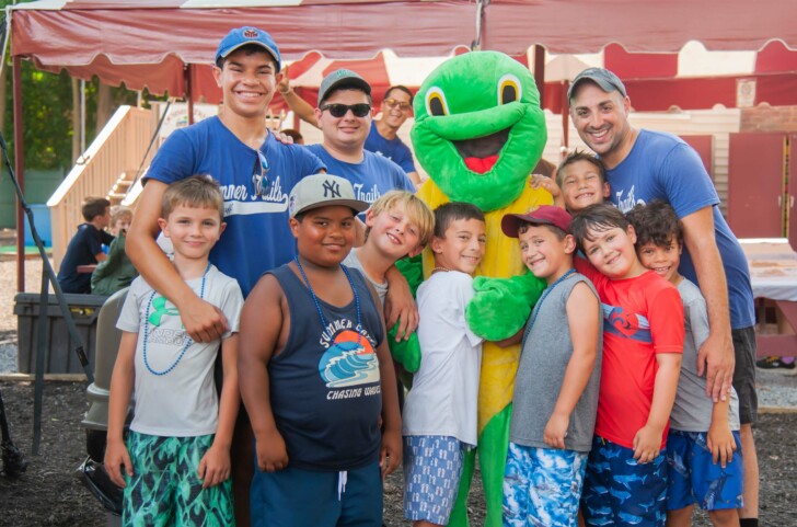 A group of campers with Jaws the Turtle.